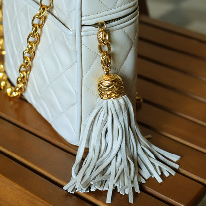 Chanel Vintage Ivory Lambskin Diamond quilted Gold bijoux chain Vanity Shoulder Bag