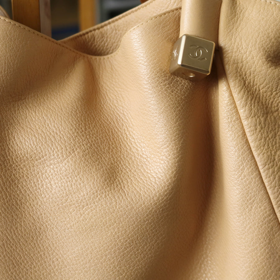 Chanel Vintage Light Beige Calfskin Leather Coco Dice Medium Hobo Shoulder Bag