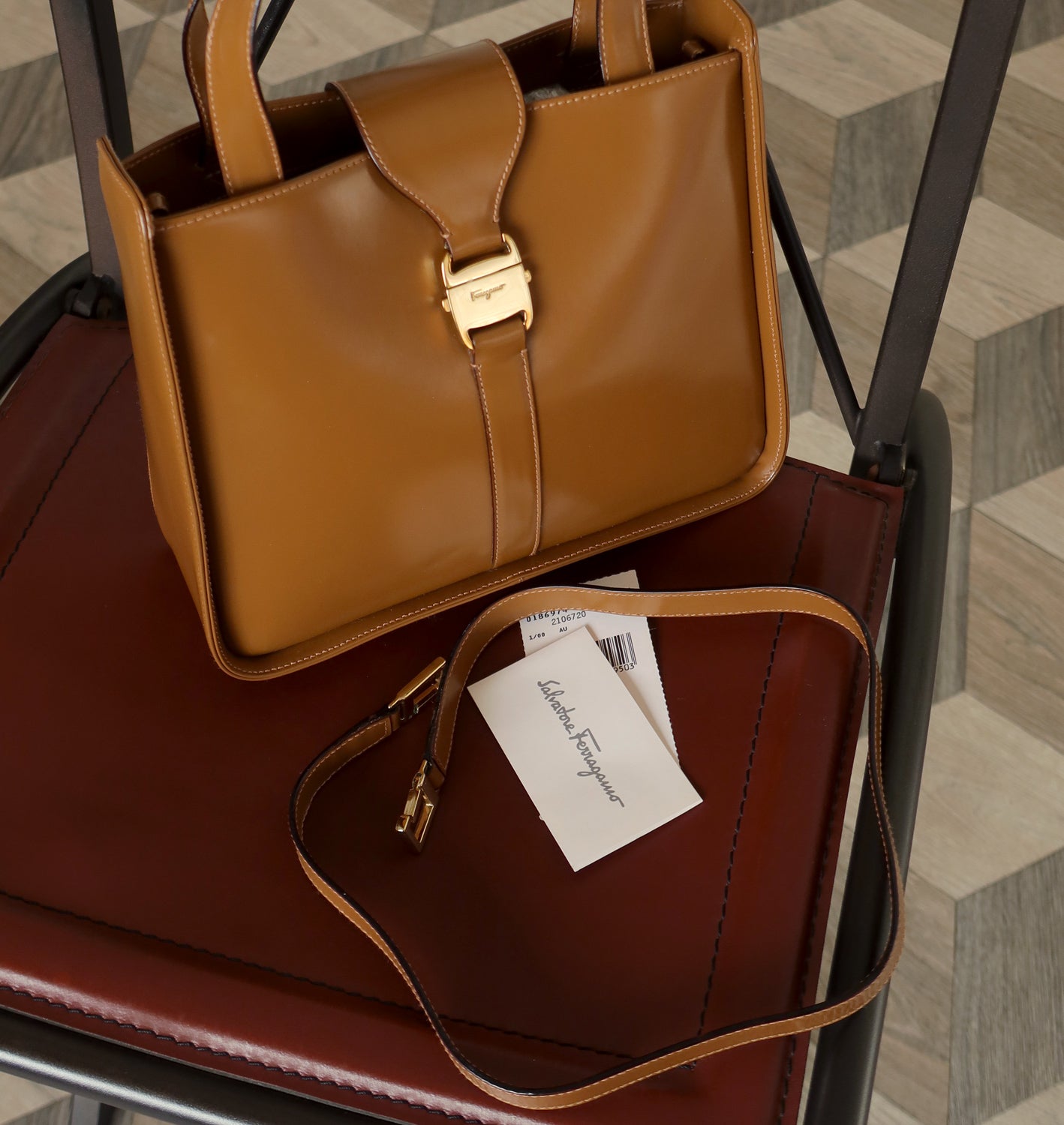 Salvatore Ferragamo Vintage Caramel Brown Leather 2way Top Handle Bag