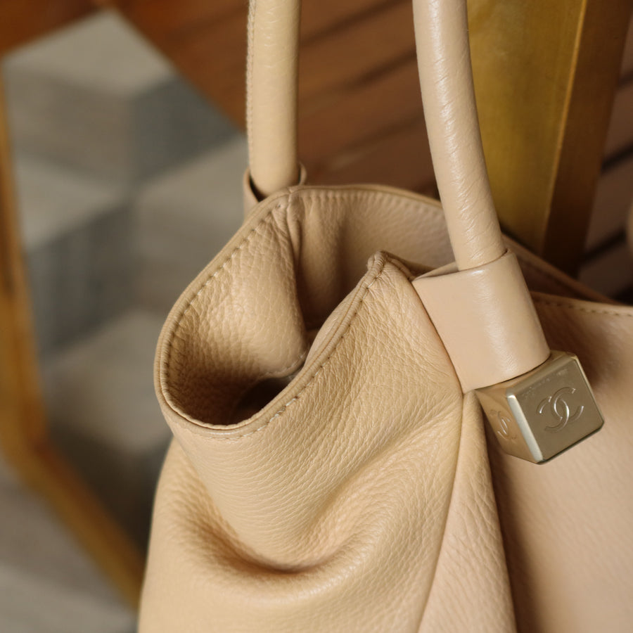 Chanel Vintage Light Beige Calfskin Leather Coco Dice Medium Hobo Shoulder Bag