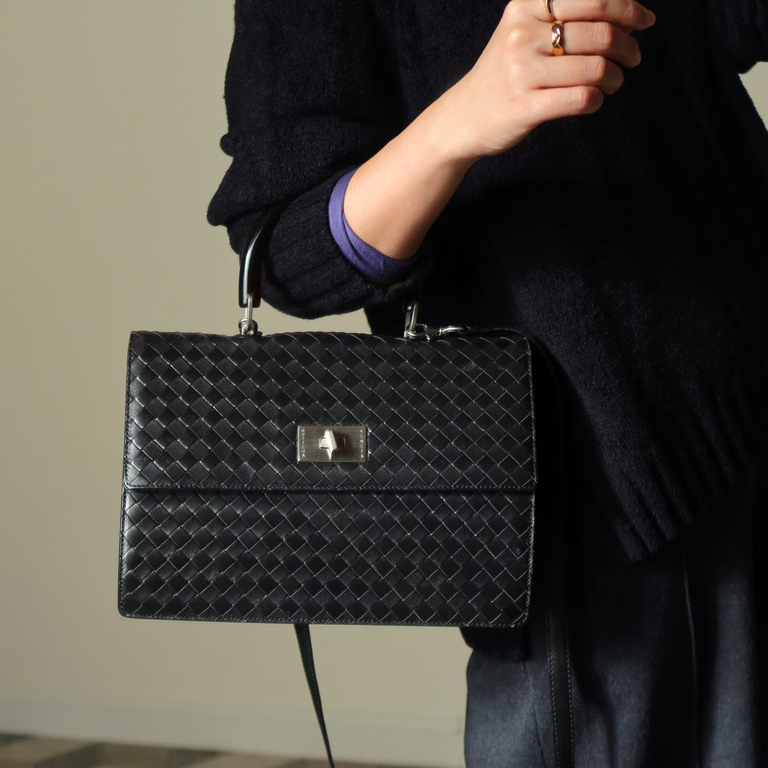 Rare Bottega Veneta Vintage Black Intrecciato Resin Top handle 2way Flap Bag