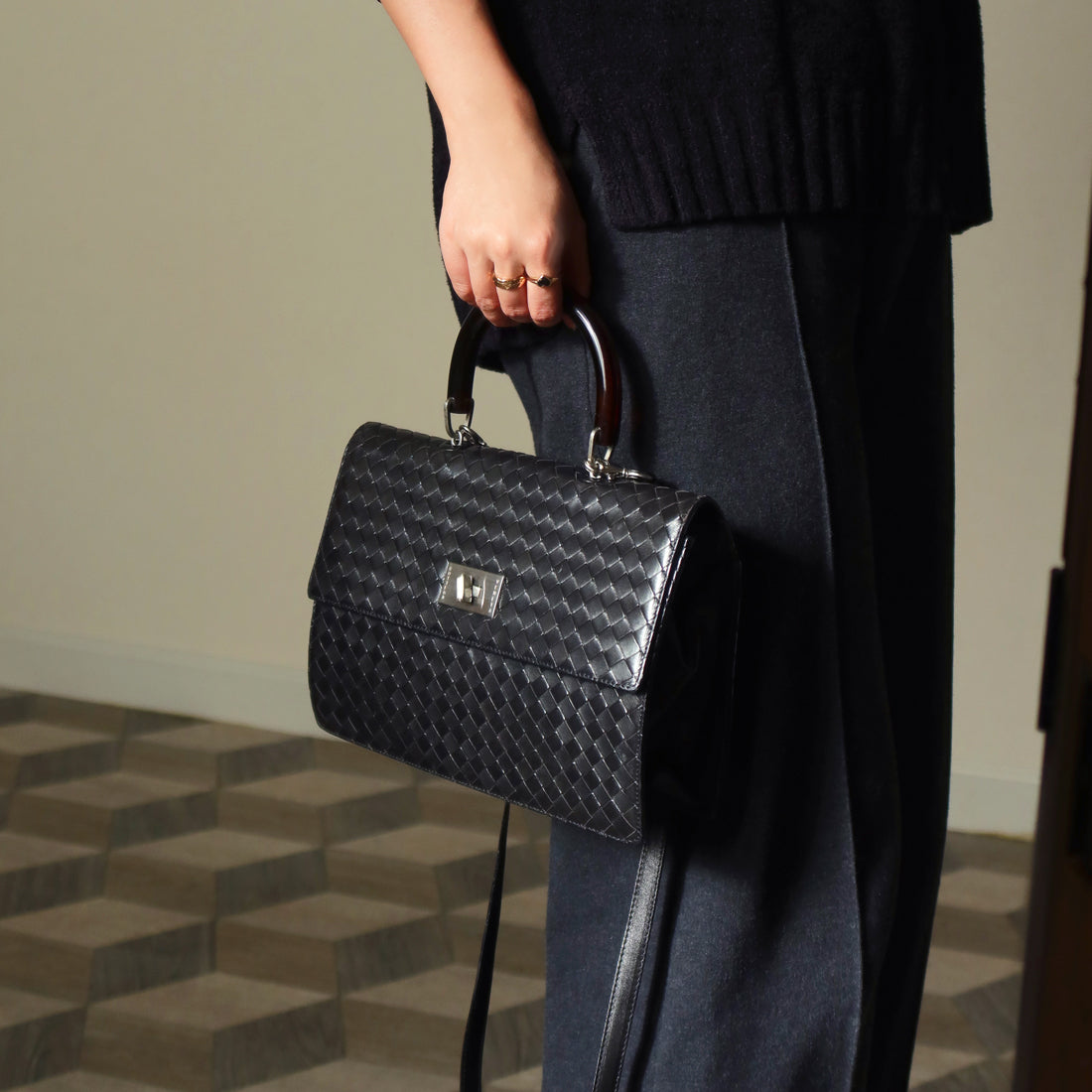 Rare Bottega Veneta Vintage Black Intrecciato Resin Top handle 2way Flap Bag