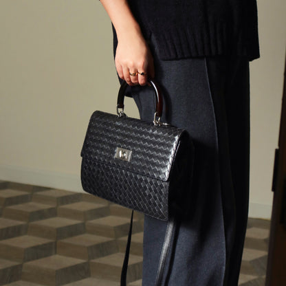 Rare Bottega Veneta Vintage Black Intrecciato Resin Top handle 2way Flap Bag