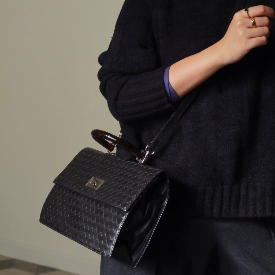 Rare Bottega Veneta Vintage Black Intrecciato Resin Top handle 2way Flap Bag