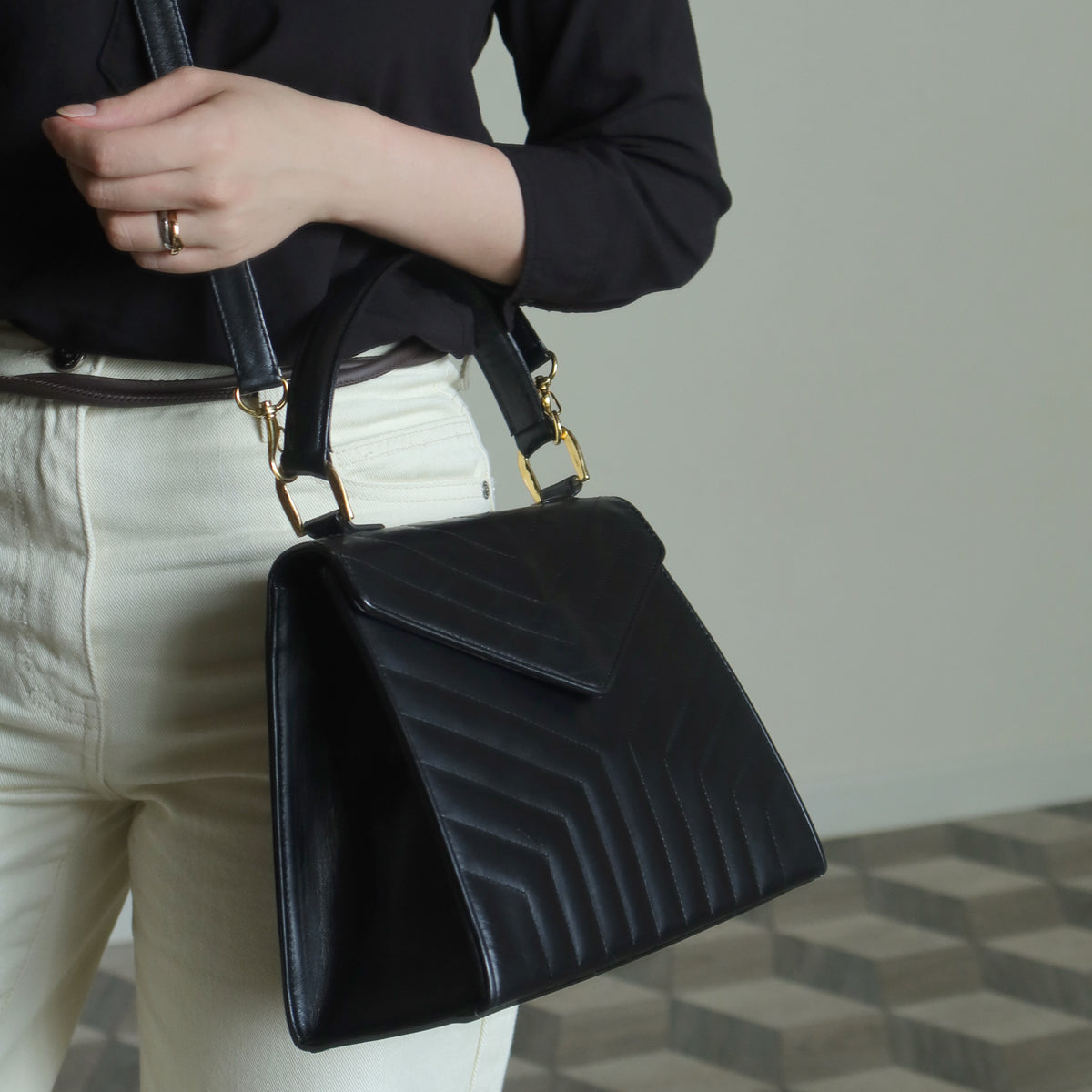 YSL Saint Laurent Vintage Black Leather Y trapezoid 2way Top Handle Flap Bag
