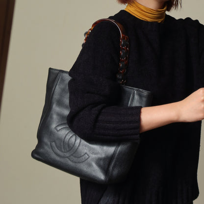Chanel Vintage Black Caviar Leather Tortoise shell Strap CC mark Shoulder Bag