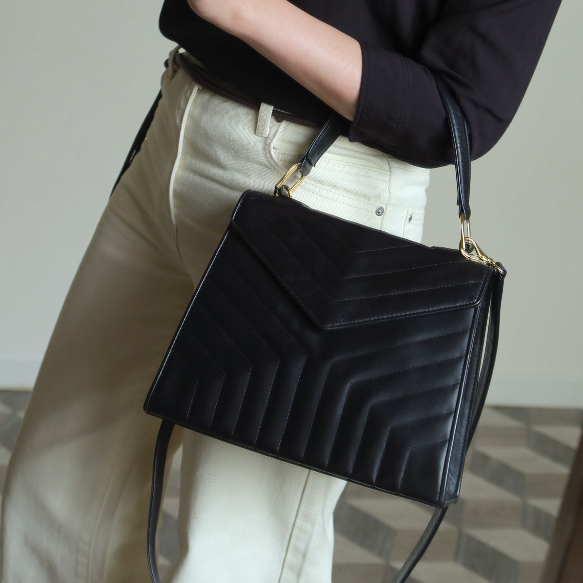 YSL Saint Laurent Vintage Black Leather Y trapezoid 2way Top Handle Flap Bag
