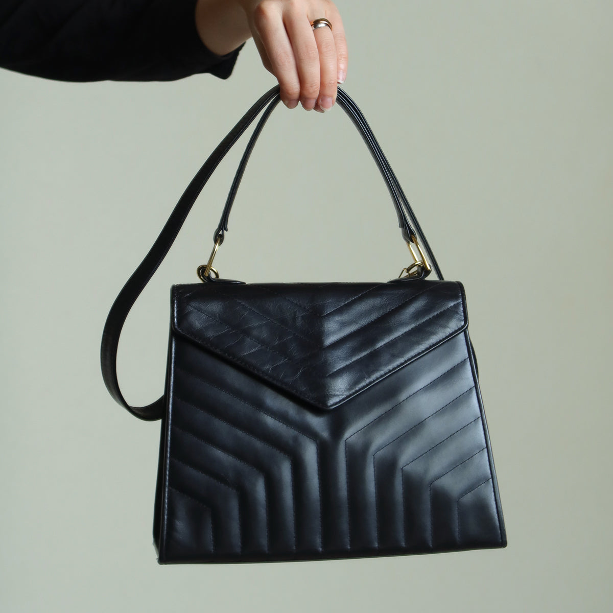 YSL Saint Laurent Vintage Black Leather Y trapezoid 2way Top Handle Flap Bag