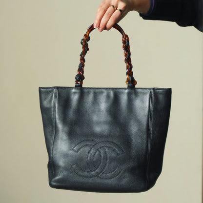 Chanel Vintage Black Caviar Leather Tortoise shell Strap CC mark Shoulder Bag