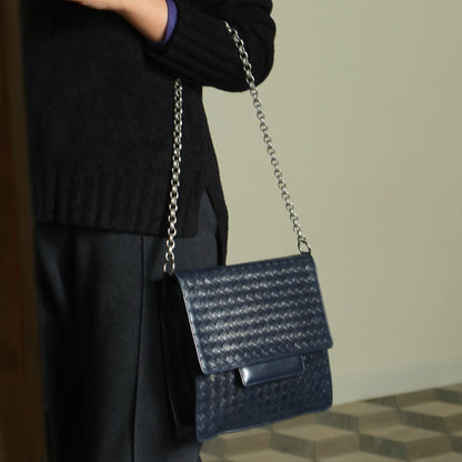 Bottega Veneta Vintage Navy Intrecciato Leather Chain Strap Shoulder Flap Bag