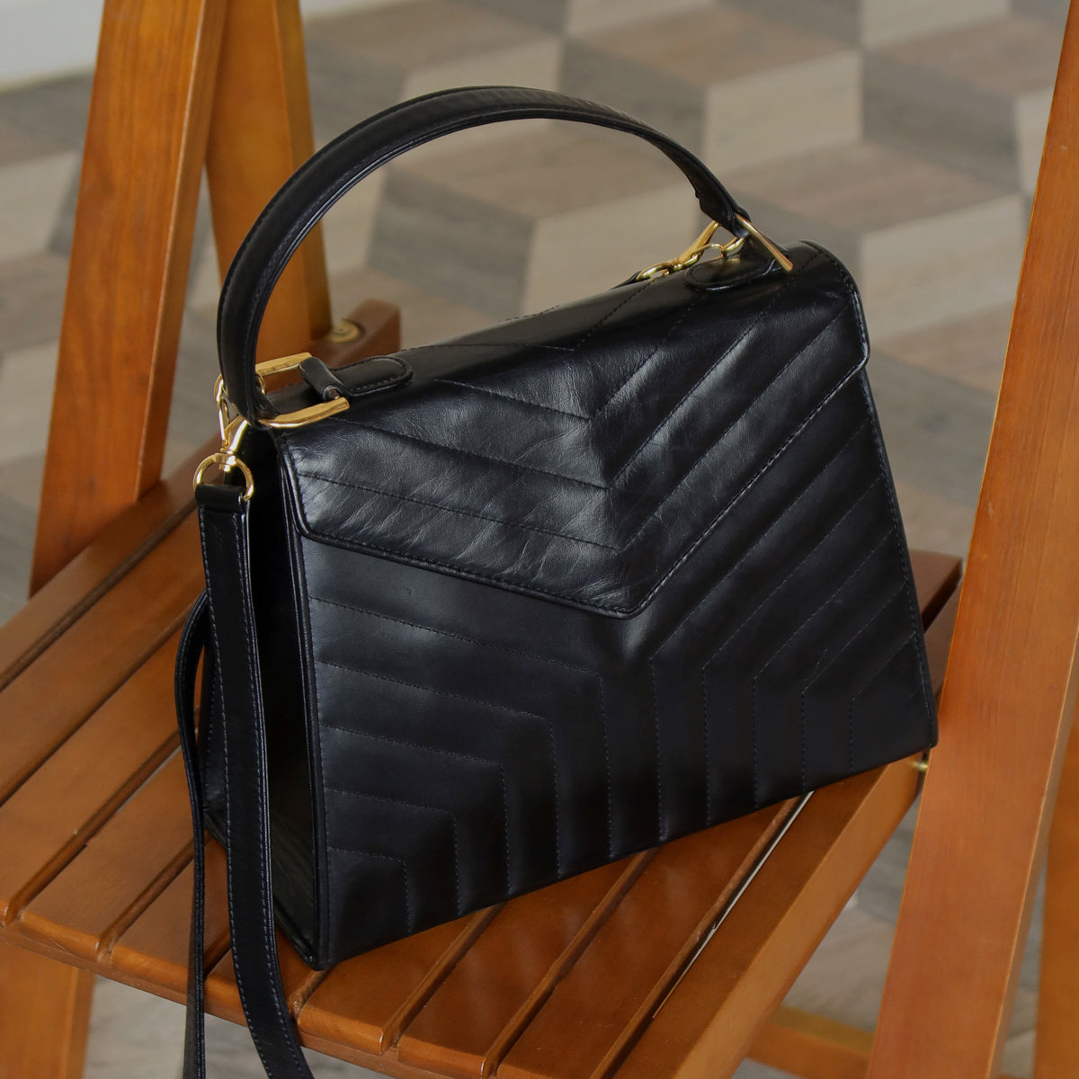 YSL Saint Laurent Vintage Black Leather Y trapezoid 2way Top Handle Flap Bag