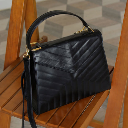 YSL Saint Laurent Vintage Black Leather Y trapezoid 2way Top Handle Flap Bag