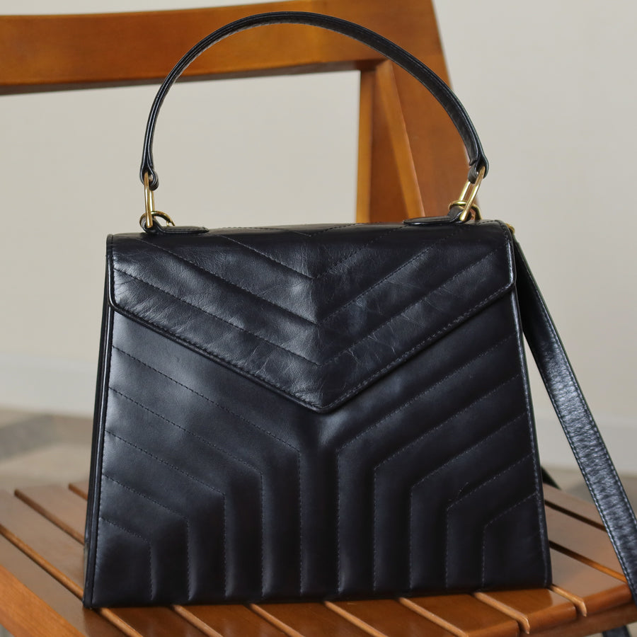 YSL Saint Laurent Vintage Black Leather Y trapezoid 2way Top Handle Flap Bag