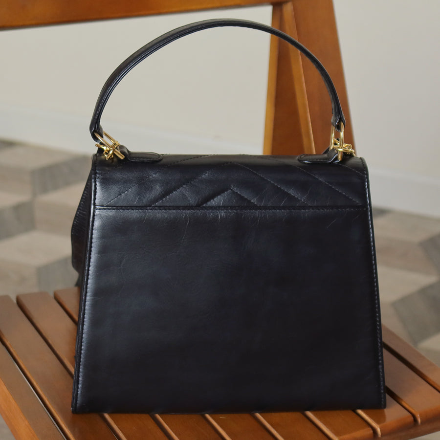 YSL Saint Laurent Vintage Black Leather Y trapezoid 2way Top Handle Flap Bag