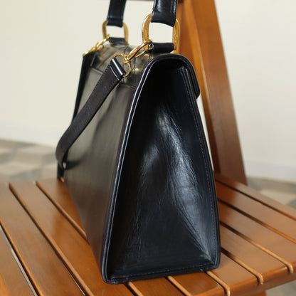 YSL Saint Laurent Vintage Black Leather Y trapezoid 2way Top Handle Flap Bag