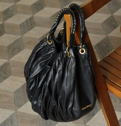 Miu Miu Vintage Black Ruched Leather Oversized 2 way Shoulder Bag