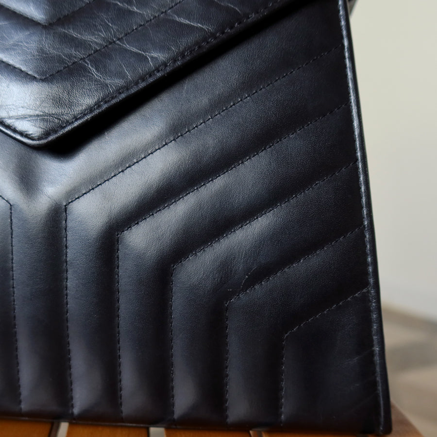 YSL Saint Laurent Vintage Black Leather Y trapezoid 2way Top Handle Flap Bag