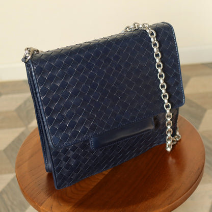 Bottega Veneta Vintage Navy Intrecciato Leather Chain Strap Shoulder Flap Bag