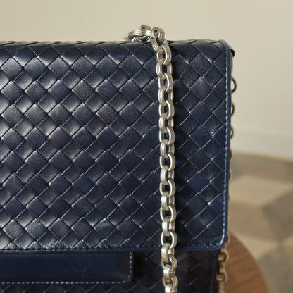 Bottega Veneta Vintage Navy Intrecciato Leather Chain Strap Shoulder Flap Bag