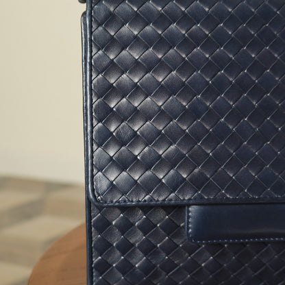 Bottega Veneta Vintage Navy Intrecciato Leather Chain Strap Shoulder Flap Bag