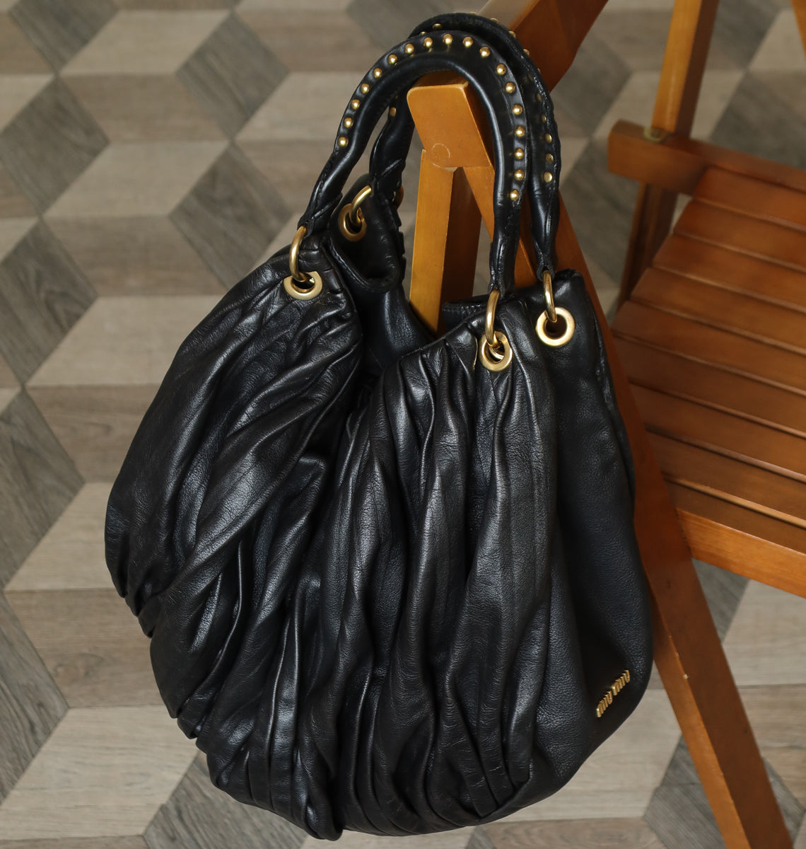 Miu Miu Vintage Black Ruched Leather Oversized 2 way Shoulder Bag