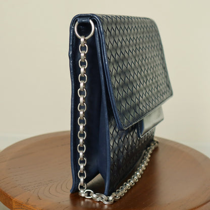 Bottega Veneta Vintage Navy Intrecciato Leather Chain Strap Shoulder Flap Bag