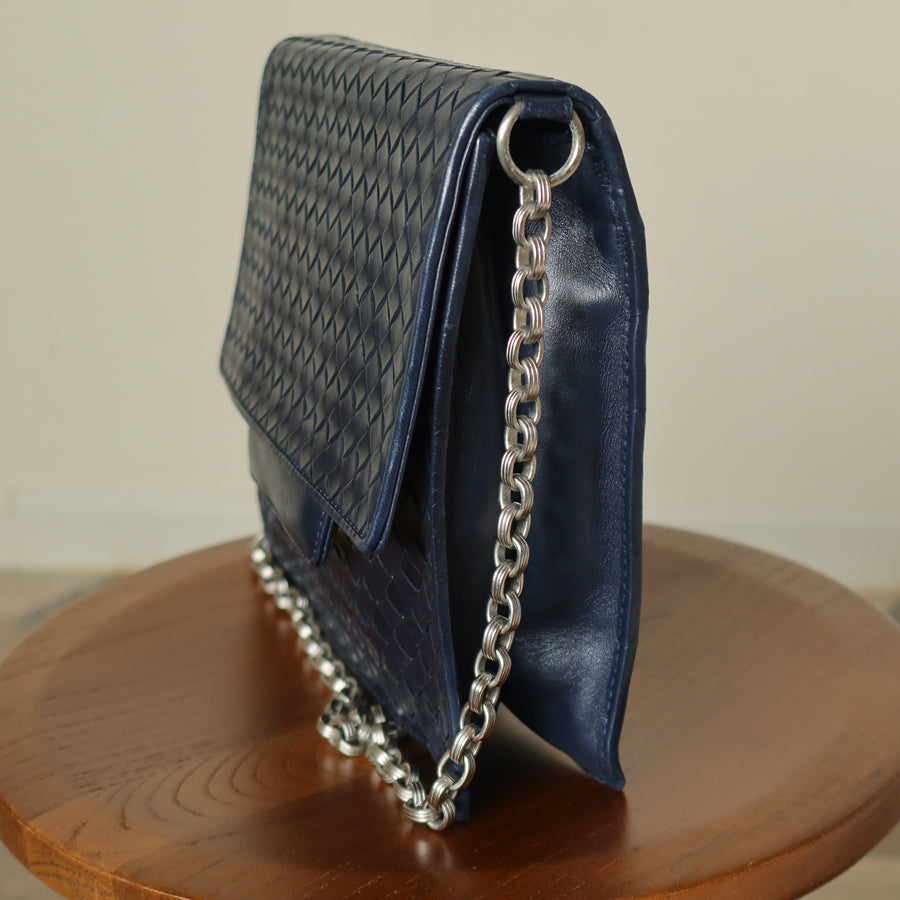 Bottega Veneta Vintage Navy Intrecciato Leather Chain Strap Shoulder Flap Bag