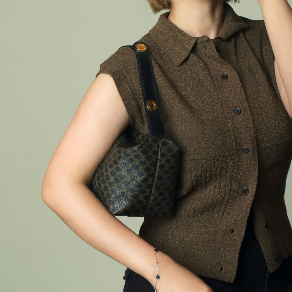 Celine Vintage Black Brown Macadam Triomphe Top Handle 2 way Shoulder Bag
