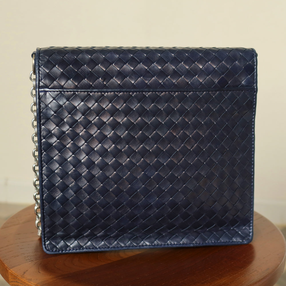Bottega Veneta Vintage Navy Intrecciato Leather Chain Strap Shoulder Flap Bag