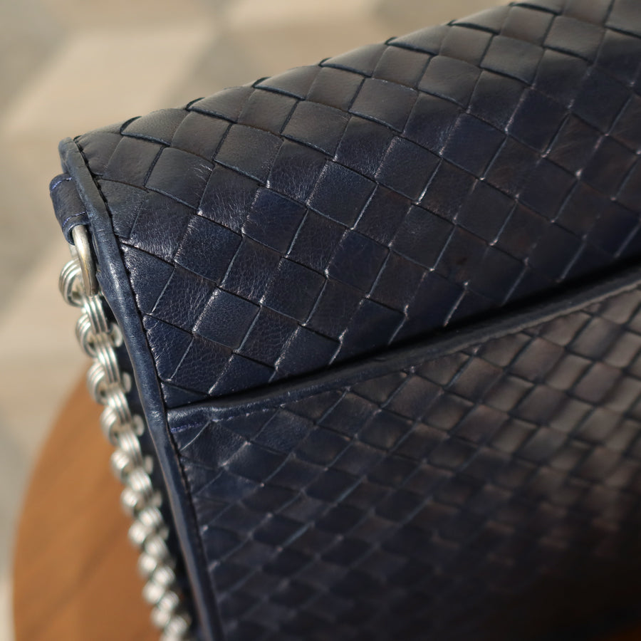 Bottega Veneta Vintage Navy Intrecciato Leather Chain Strap Shoulder Flap Bag