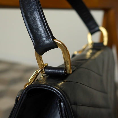 YSL Saint Laurent Vintage Black Leather Y trapezoid 2way Top Handle Flap Bag