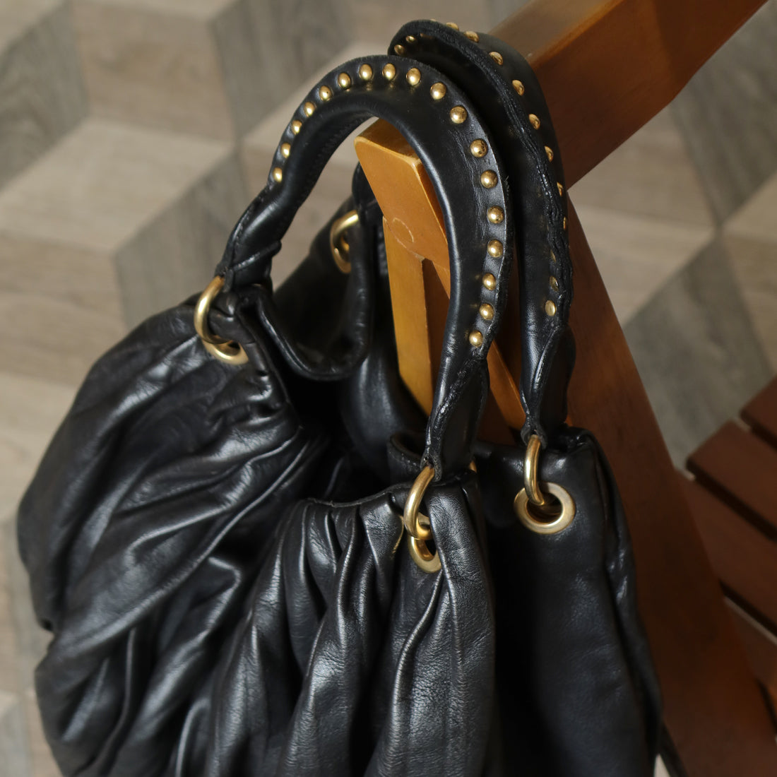 Miu Miu Vintage Black Ruched Leather Oversized 2 way Shoulder Bag