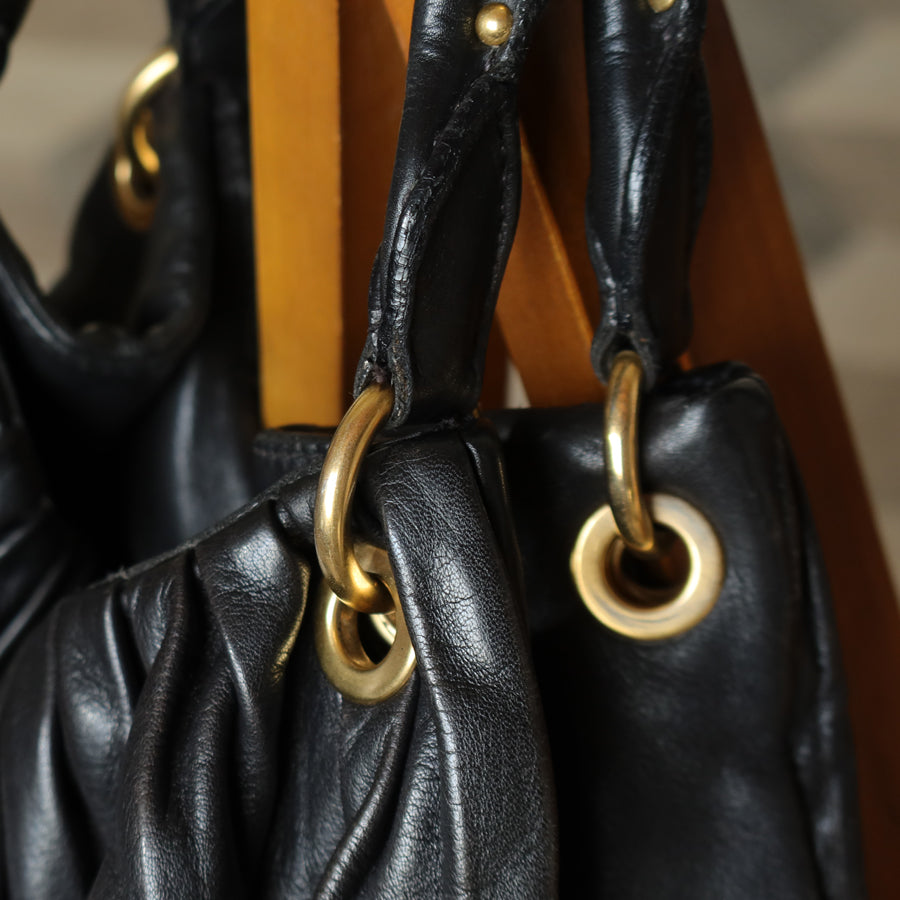 Miu Miu Vintage Black Ruched Leather Oversized 2 way Shoulder Bag
