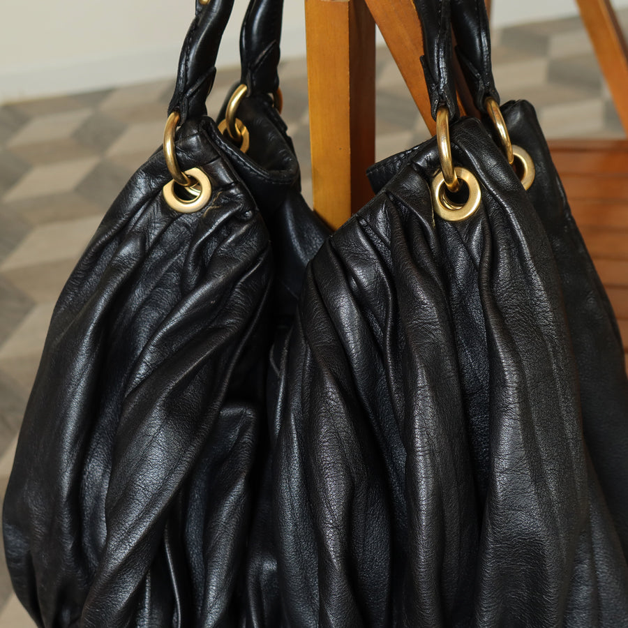 Miu Miu Vintage Black Ruched Leather Oversized 2 way Shoulder Bag
