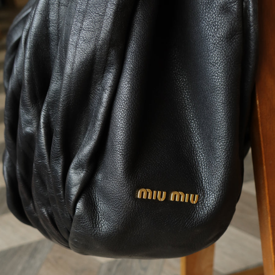 Miu Miu Vintage Black Ruched Leather Oversized 2 way Shoulder Bag