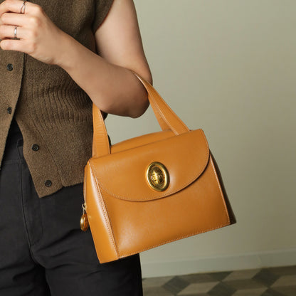 Christian Dior Vintage Caramel Brown Grained Leather CD Turn lock Top Handle Bag