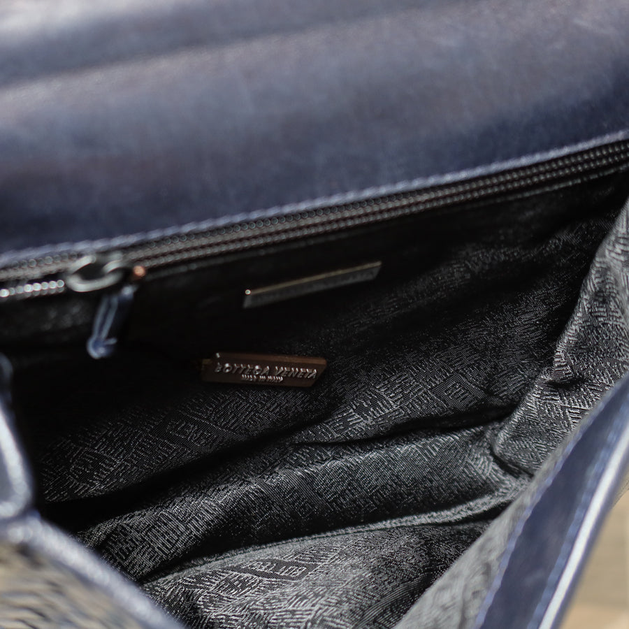 Bottega Veneta Vintage Navy Intrecciato Leather Chain Strap Shoulder Flap Bag