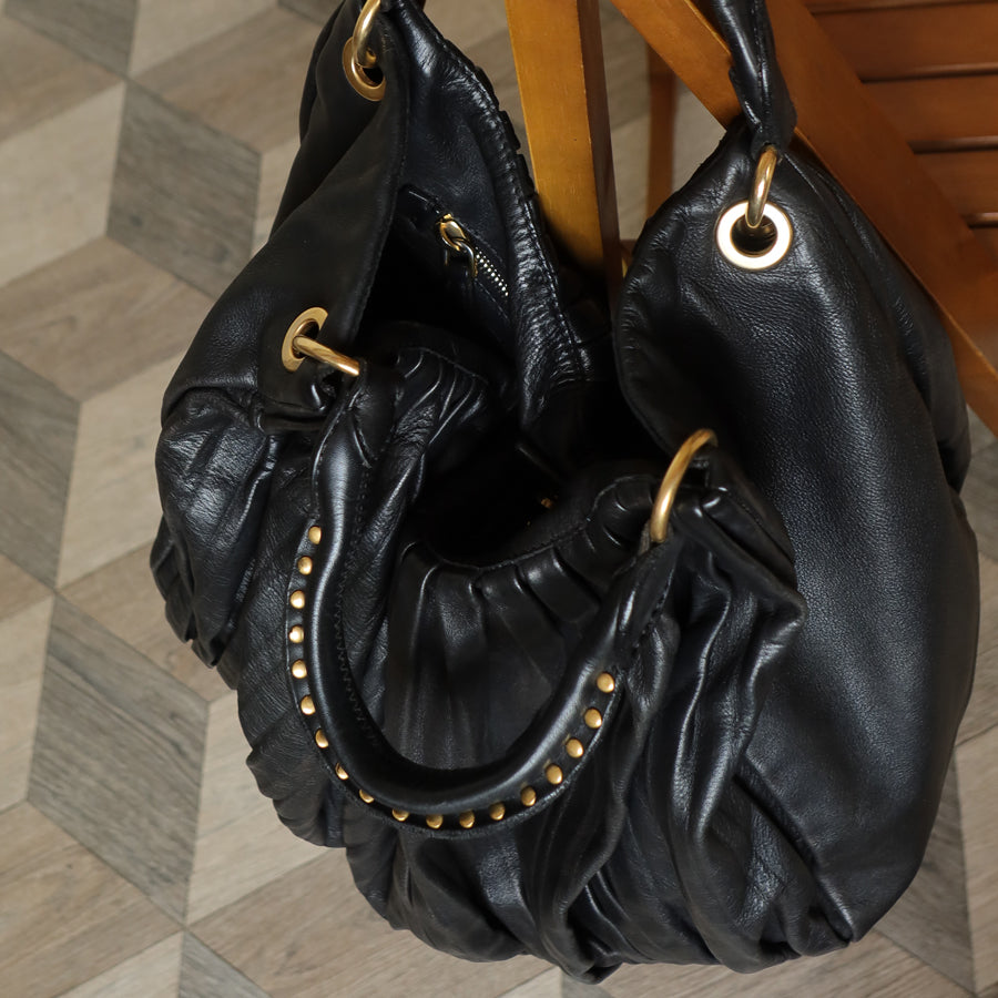 Miu Miu Vintage Black Ruched Leather Oversized 2 way Shoulder Bag