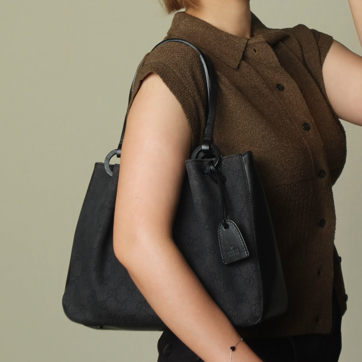 Gucci Vintage Black Denim-Canvas Leather Daily Tote Shoulder Bag with Gucci Charm