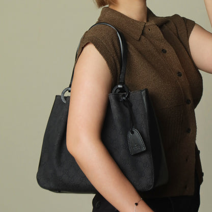 Gucci Vintage Black Denim-Canvas Leather Daily Tote Shoulder Bag with Gucci Charm