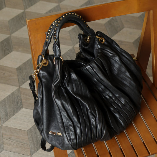 Miu Miu Vintage Black Ruched Leather Oversized 2 way Shoulder Bag
