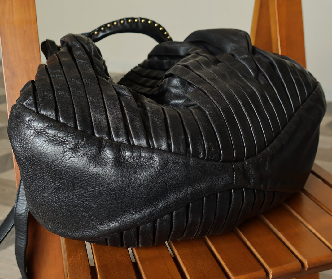 Miu Miu Vintage Black Ruched Leather Oversized 2 way Shoulder Bag