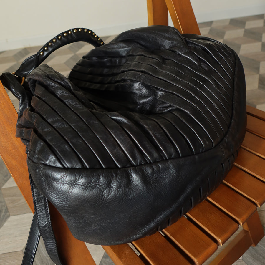 Miu Miu Vintage Black Ruched Leather Oversized 2 way Shoulder Bag