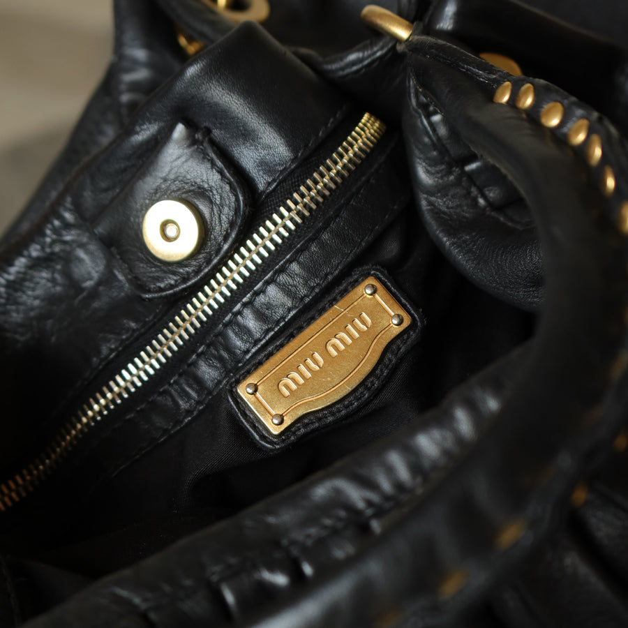 Miu Miu Vintage Black Ruched Leather Oversized 2 way Shoulder Bag