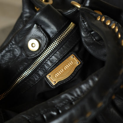 Miu Miu Vintage Black Ruched Leather Oversized 2 way Shoulder Bag
