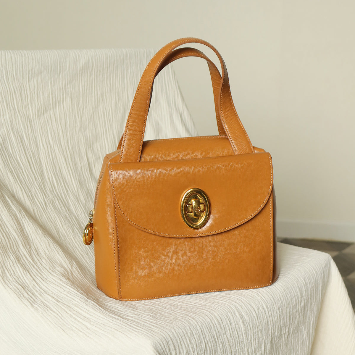 Christian Dior Vintage Caramel Brown Grained Leather CD Turn lock Top Handle Bag