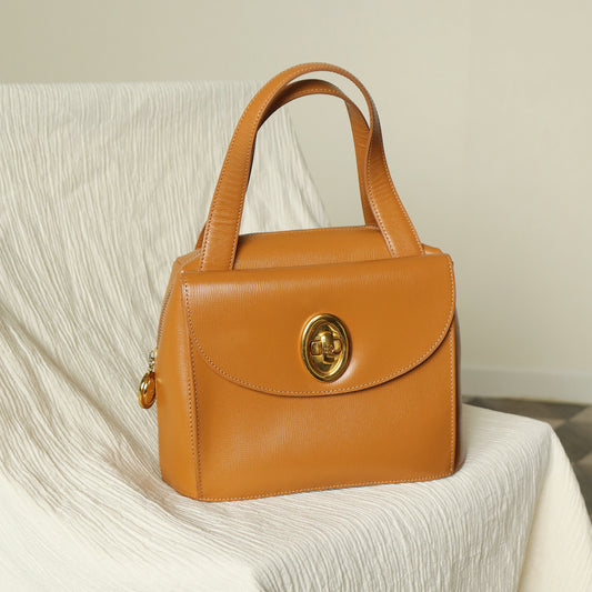 Christian Dior Vintage Caramel Brown Grained Leather CD Turn lock Top Handle Bag