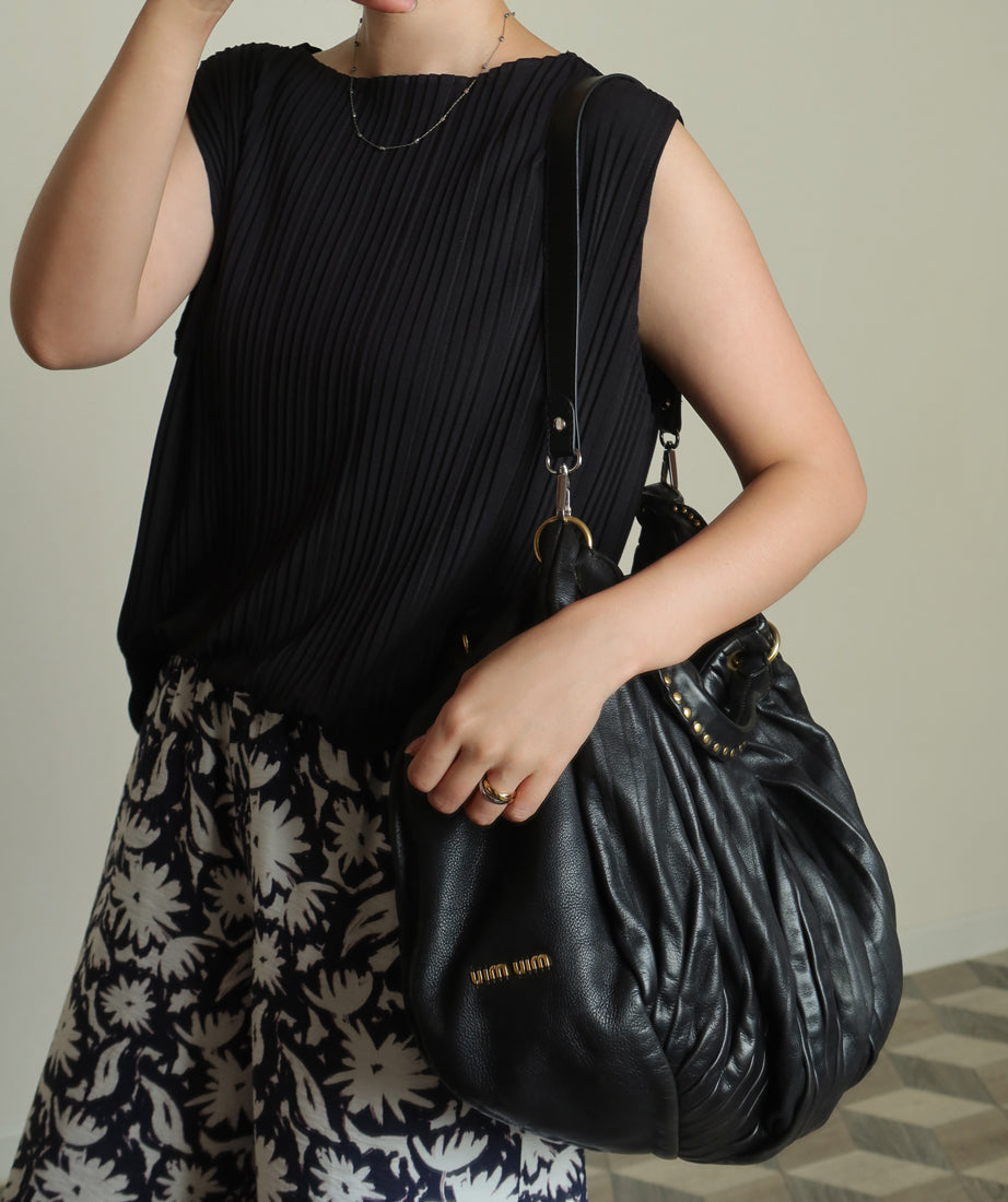 Miu Miu Vintage Black Ruched Leather Oversized 2 way Shoulder Bag