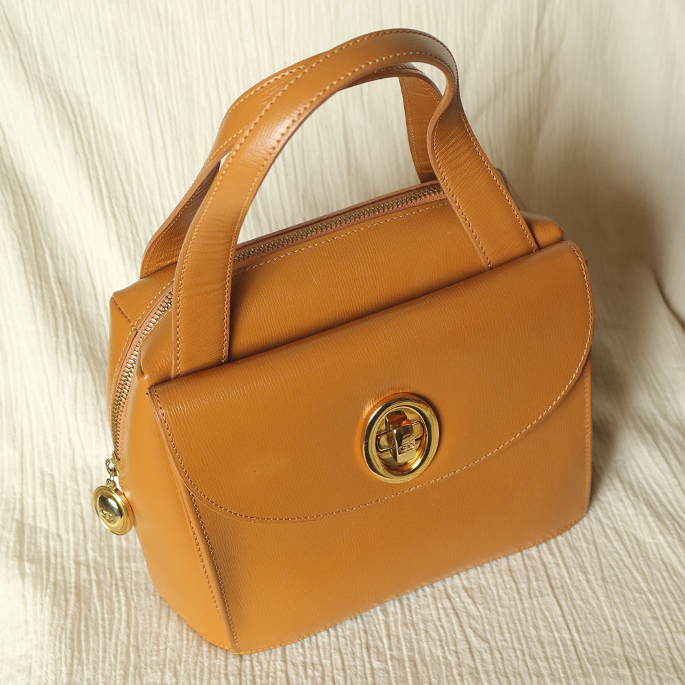 Christian Dior Vintage Caramel Brown Grained Leather CD Turn lock Top Handle Bag