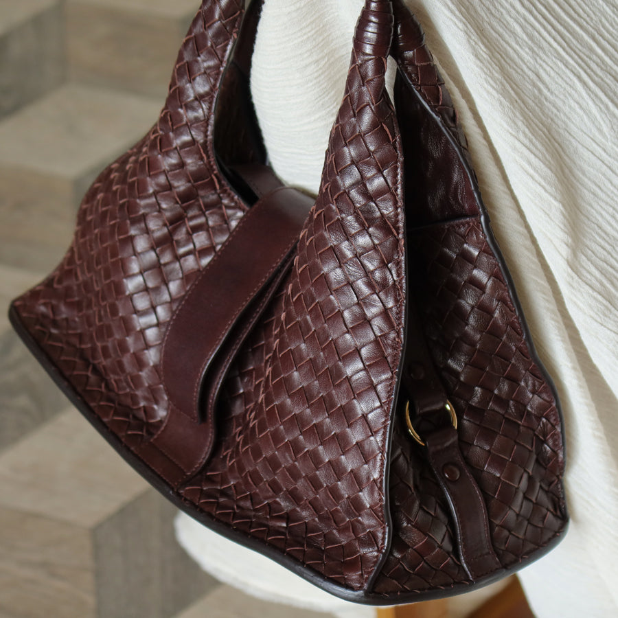 Bottega Veneta Vintage Dark Brown Intrecciato Leather Belt Hobo Shoulder Bag